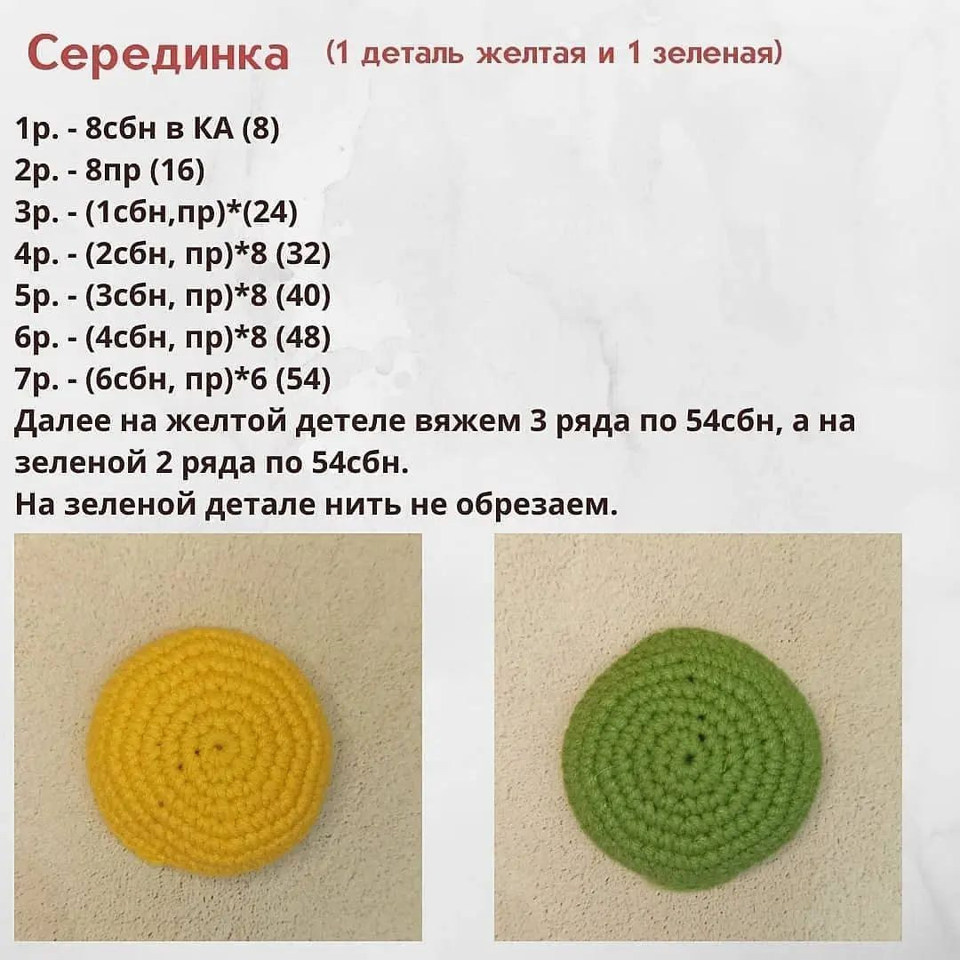 Серединка (1 деталь желтая и 1 зеленая)
1р. - 8сбн в КА (8)
2р. - 8пр (16)
Зр. - (1сбн,пр)*(24)
Ар. - (2сбн, пр)*8 (32)
5р. - (Зсбн, пр)*8 (40)
бр. - (4сбн, пр)*8 (48)
7р. - (бсбн, пр)*6 (54)
Далее на желтой детеле вяжем 3 ряда по 54сбн, а на
зеленой 2 ряда по 54сбн.
На зеленой детале нить не обрезаем.

7 ; 7 Й О