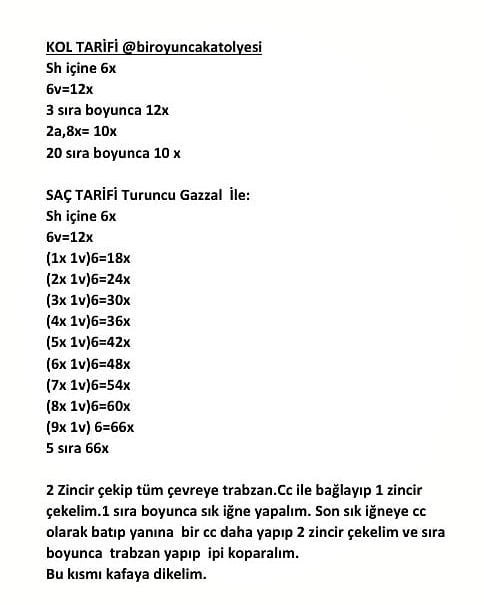 Turuncu saçlı ve mavi elbiseli bir bebek için tığ işi modeli.