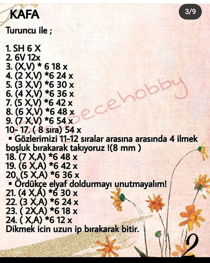 Turuncu sincap, kırmızı göbek, beyaz yanaklar, mor şapka, yeşil şapka tığ işi tarifi