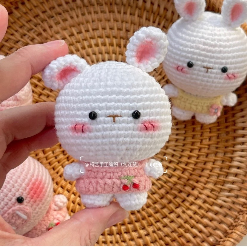 White rabbit crochet pattern wearing pink shirt