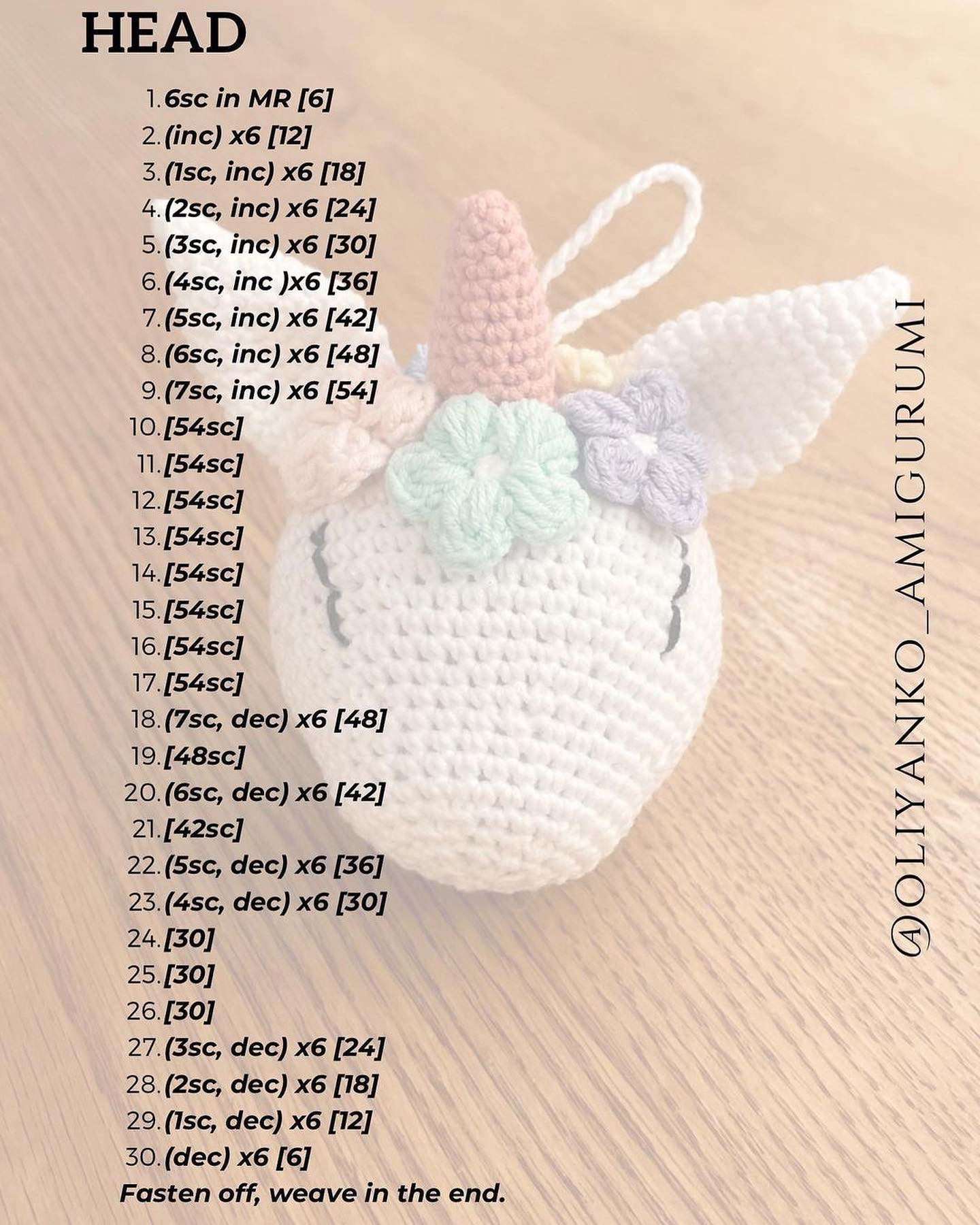 Wool crochet pattern for unicorn head keychain