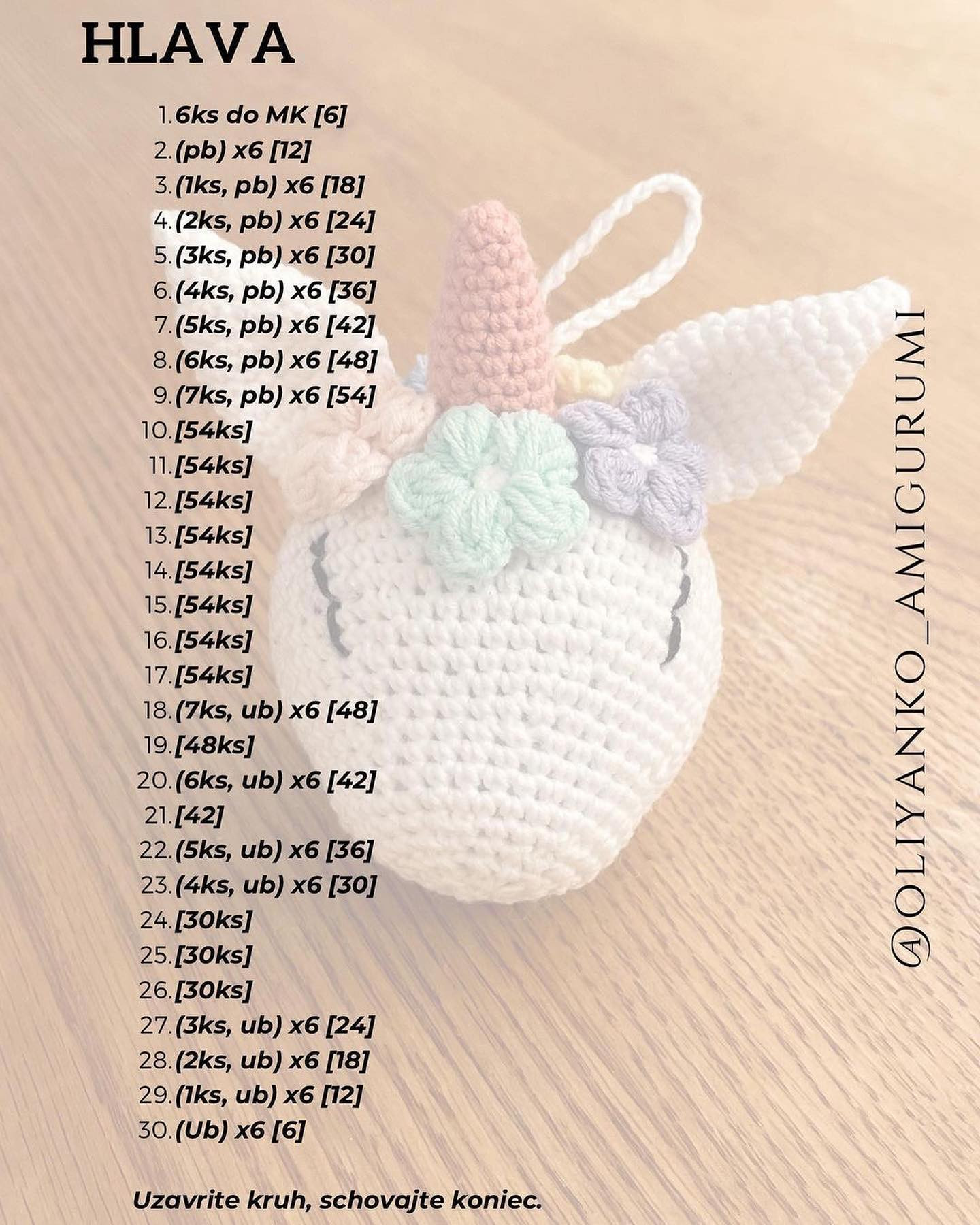 Wool crochet pattern for unicorn head keychain