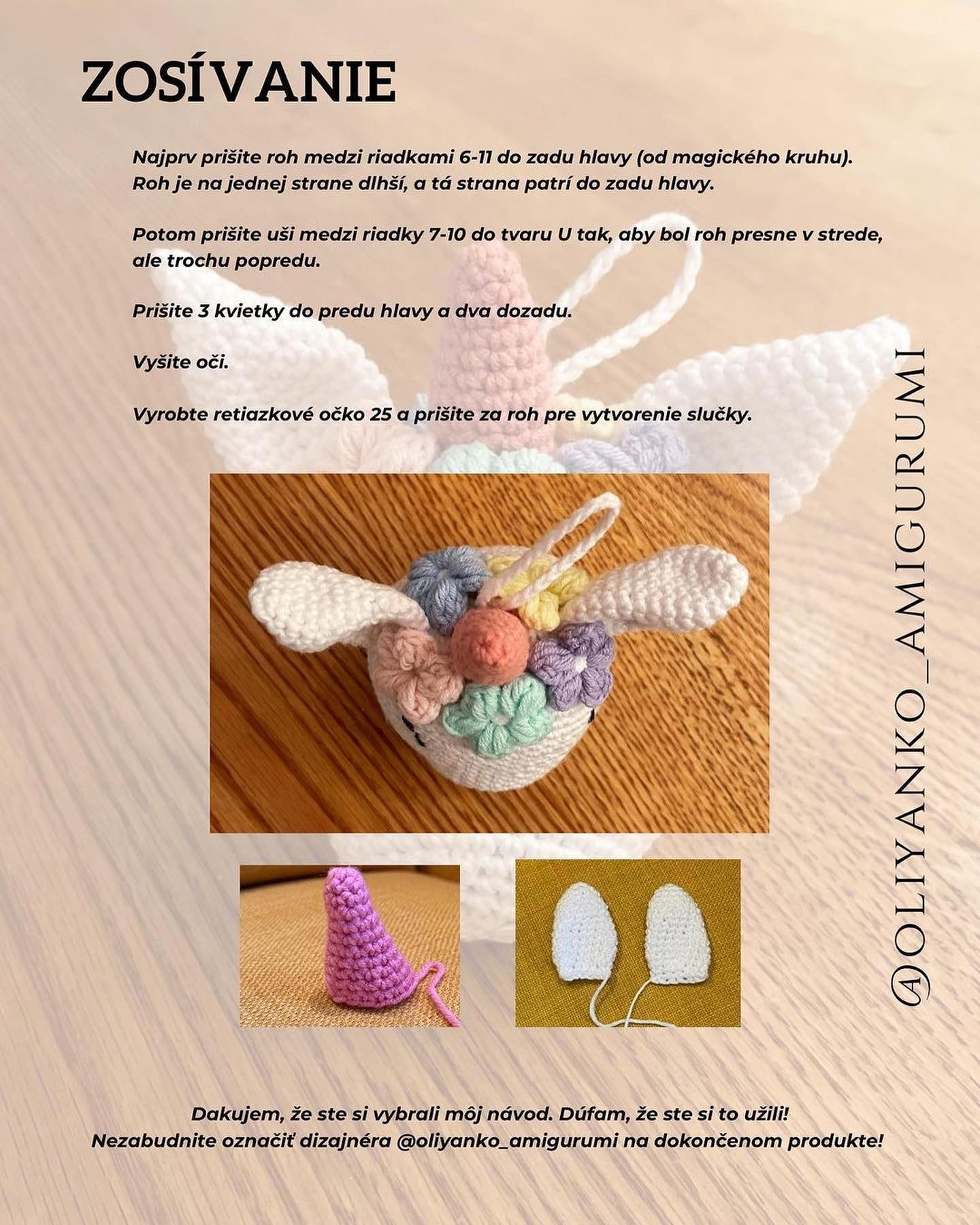 Wool crochet pattern for unicorn head keychain