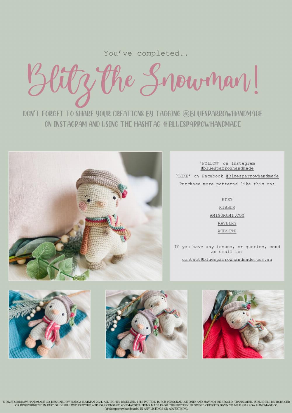 BLITZ THE SNOWMAN - A BLUE SPARROW HANDMADE CROCHET PATTERN Blitz the snowman Blitz’