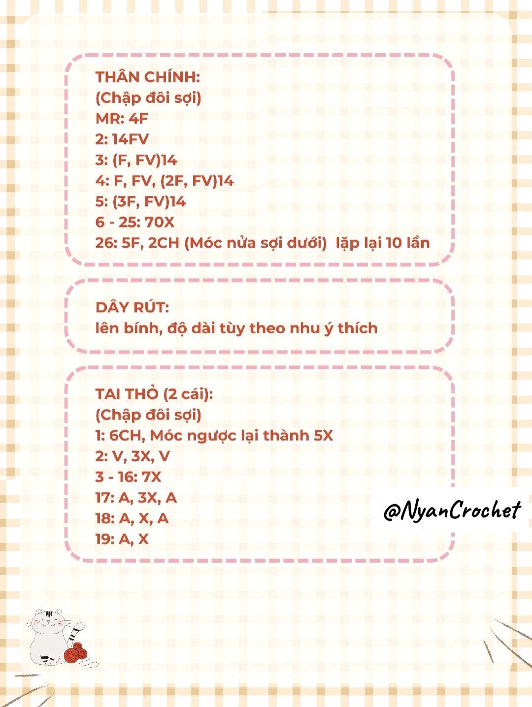 chart hướng dẫn móc  túi tai thỏ