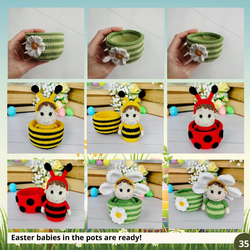 Crochet Pattern "Easter babies in the pots" (bee, ladybug and daisy)