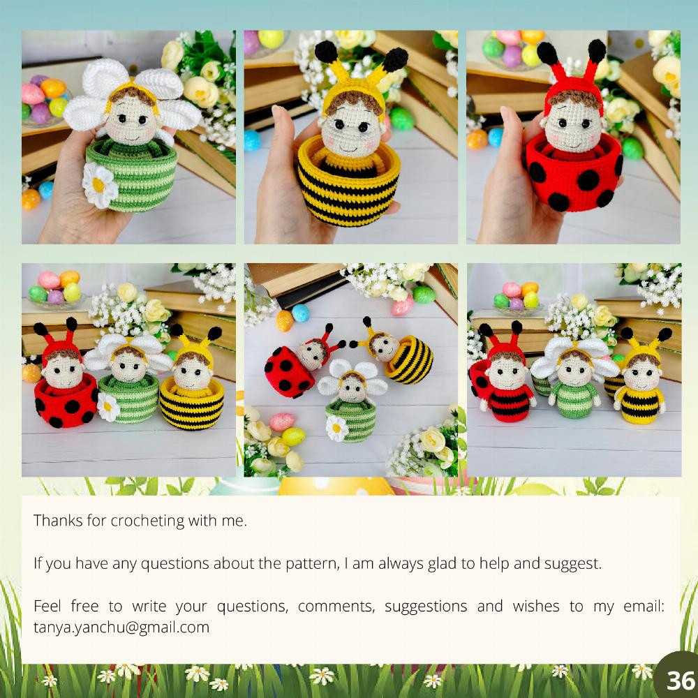 Crochet Pattern "Easter babies in the pots" (bee, ladybug and daisy)