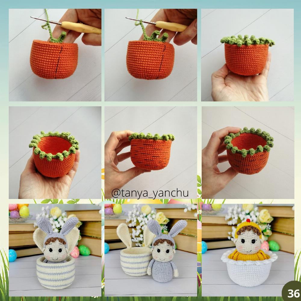 Crochet Pattern "Easter babies in the pots" (bunny, chick and carrot)