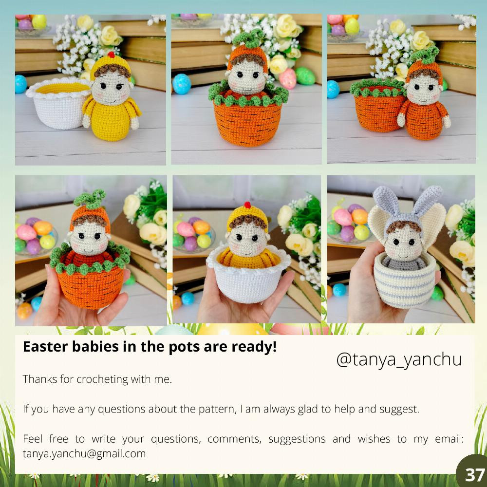 Crochet Pattern "Easter babies in the pots" (bunny, chick and carrot)