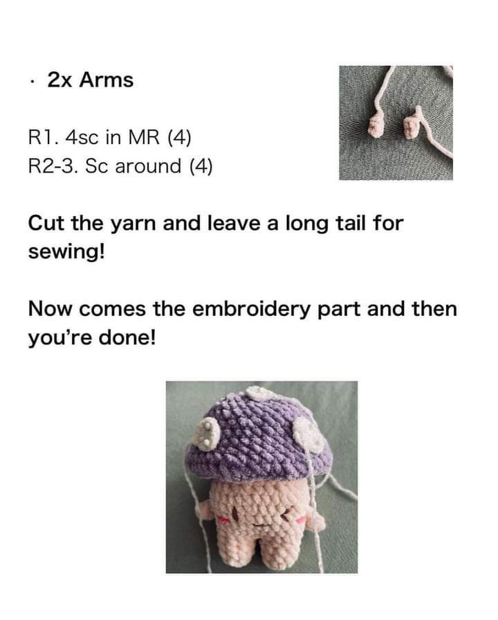 Crochet patterns for red-capped mushrooms and purple-capped mushrooms