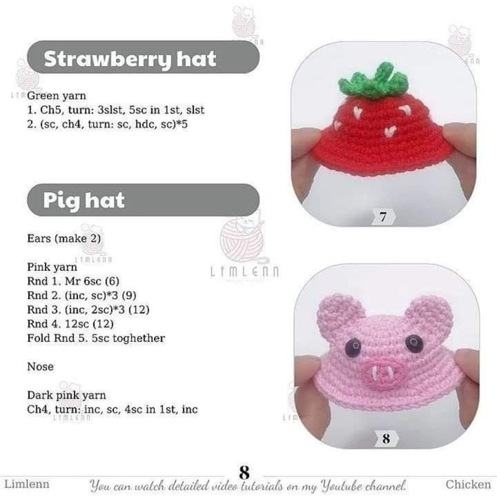 free pattern chicken with pig hat, strawberry hat, frog hat, bunny hat.