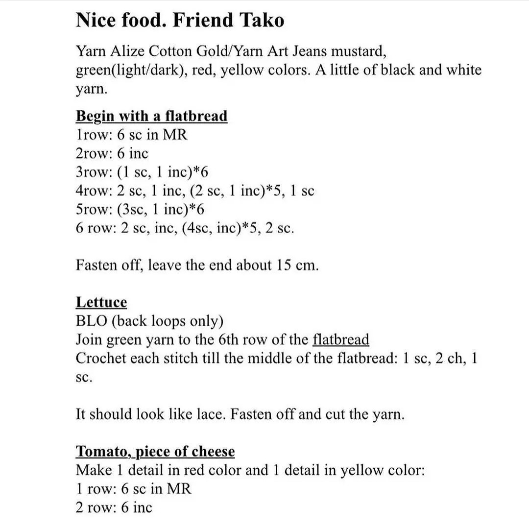 free pattern in english nice food friend tako