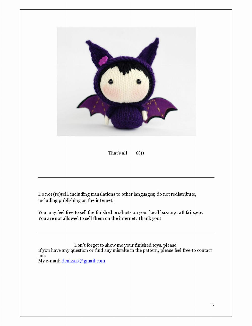 Halloween Bat Doll. Knitting pattern (knitted round)