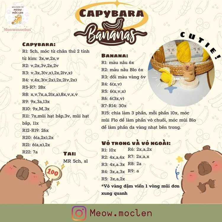 Hướng dẫn móc capybara đội mũ chuối.