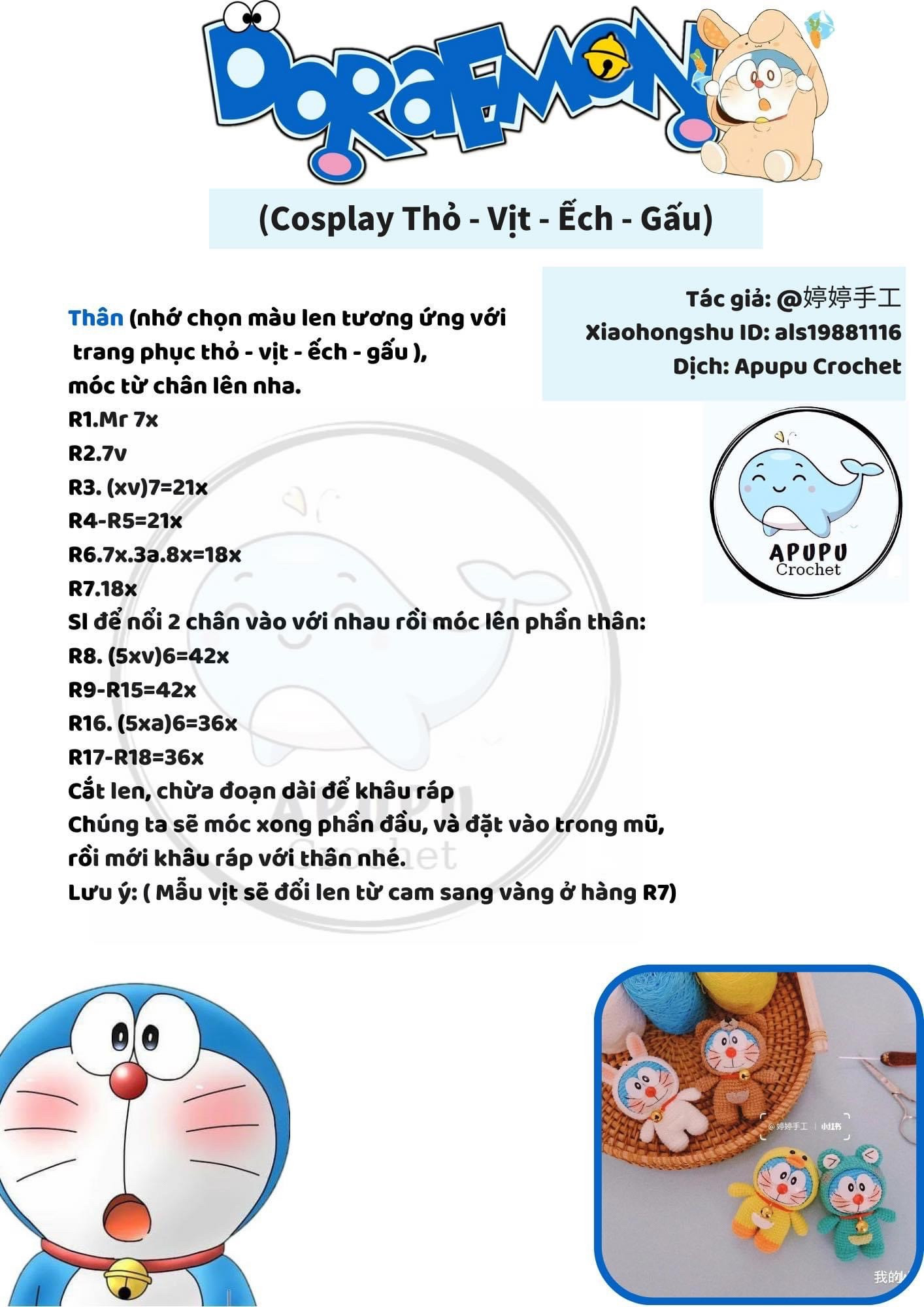 hướng dẫn móc doraemon cosplay thỏ, vịt, ếch, gấu.