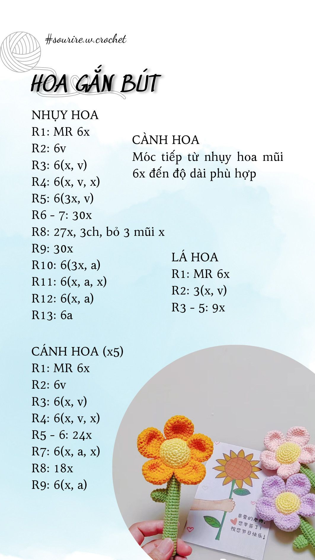 hướng dẫn móc hoa gắn bút