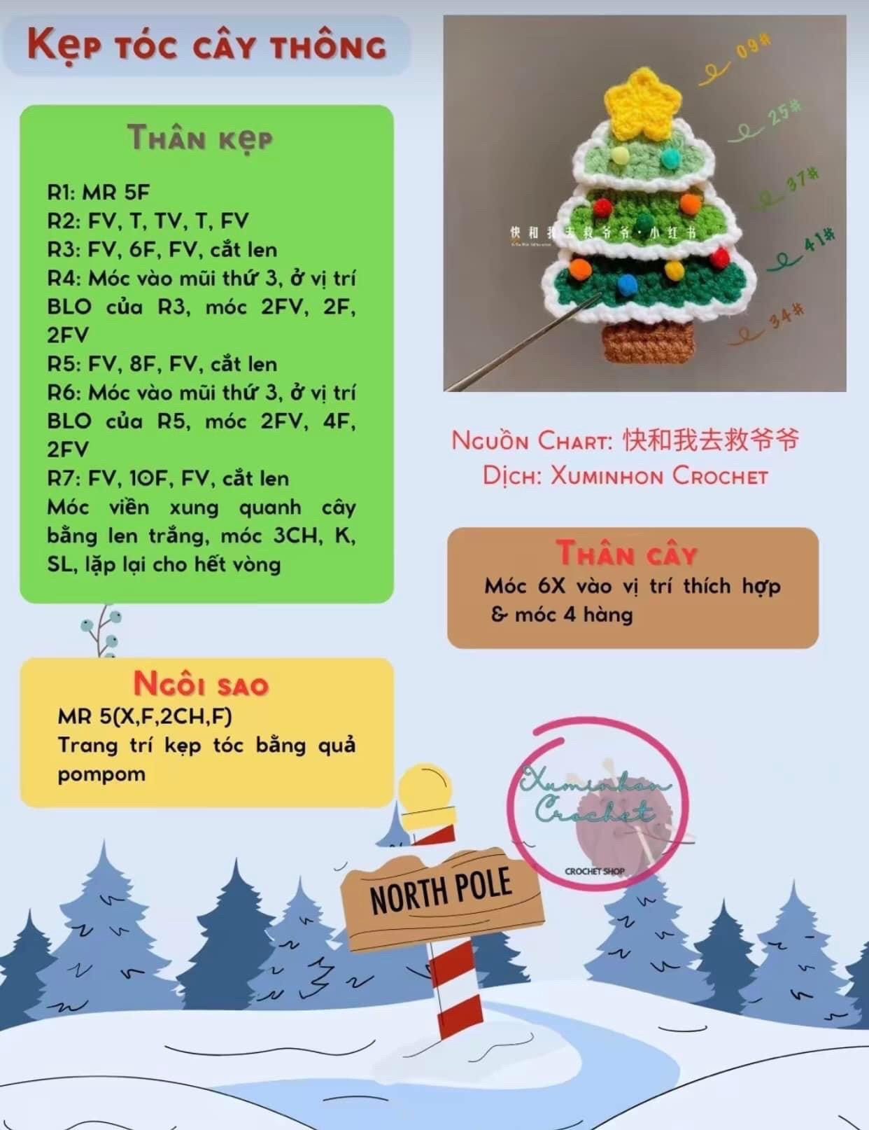 Hướng dẫn móc kẹp tóc cây thông noel