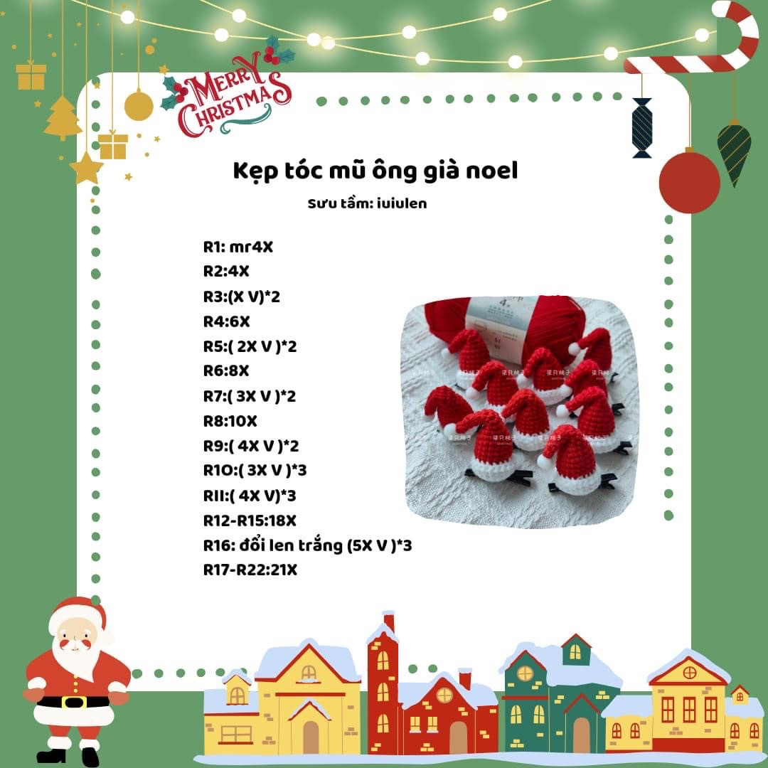 Hướng dẫn móc kẹp tóc mũ ông già noel