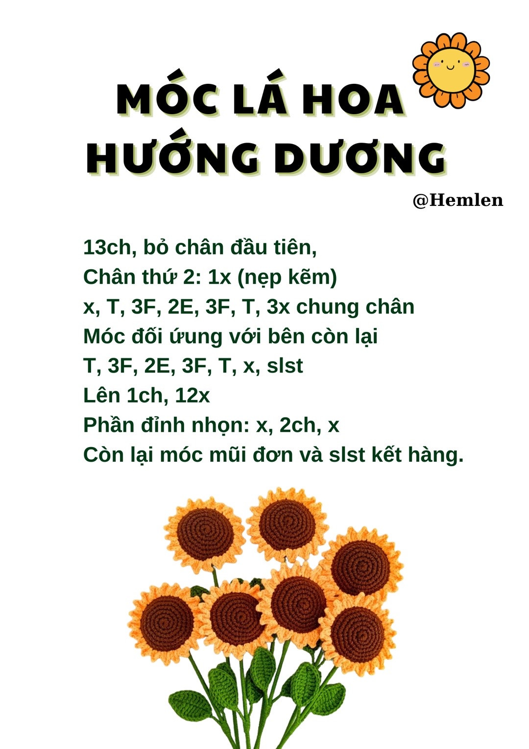 Hướng dẫn móc lá, hoa hướng dương.