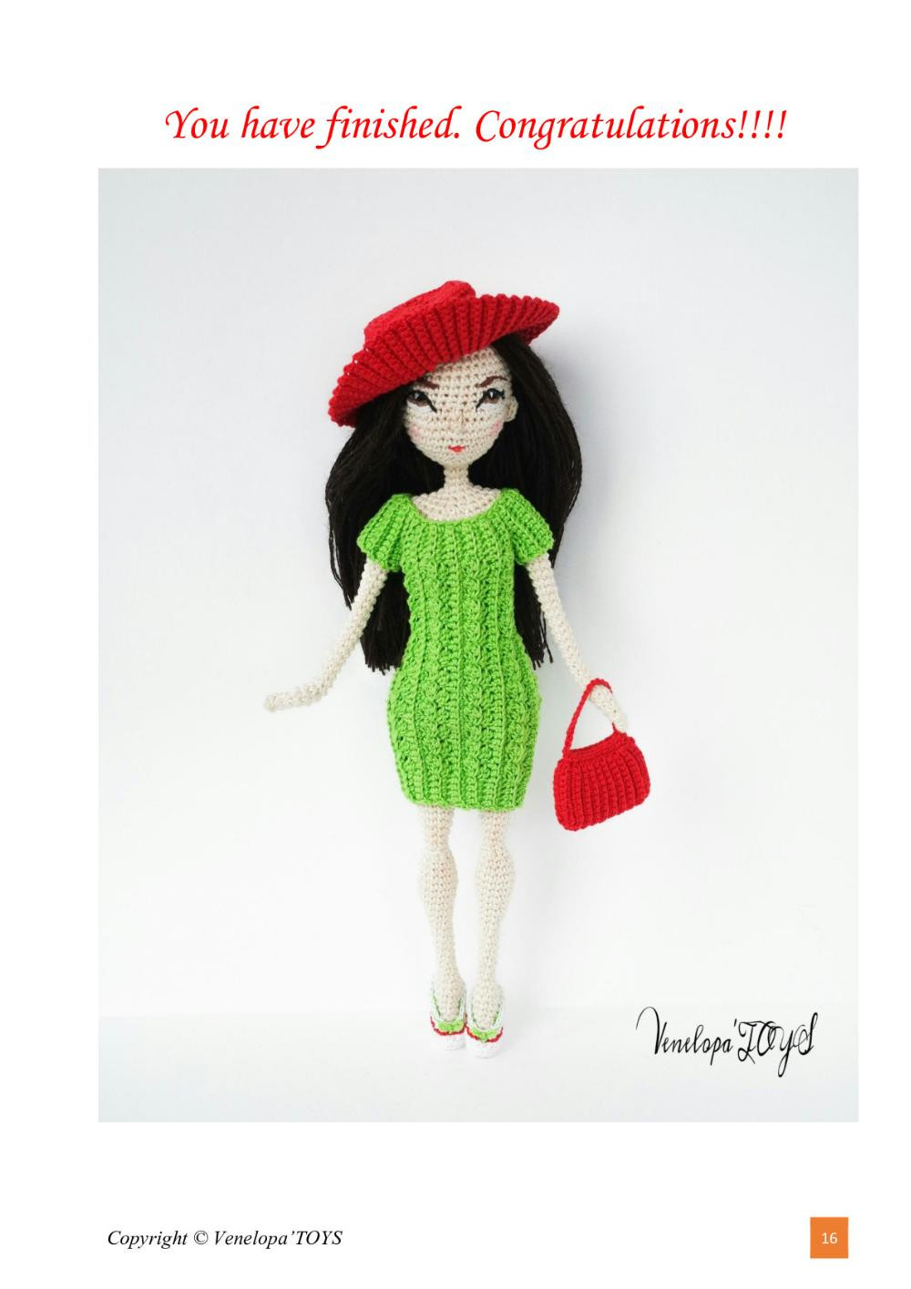 Pattern "Green dress, ballet shoes, hat and bag for dolls Jessica"
