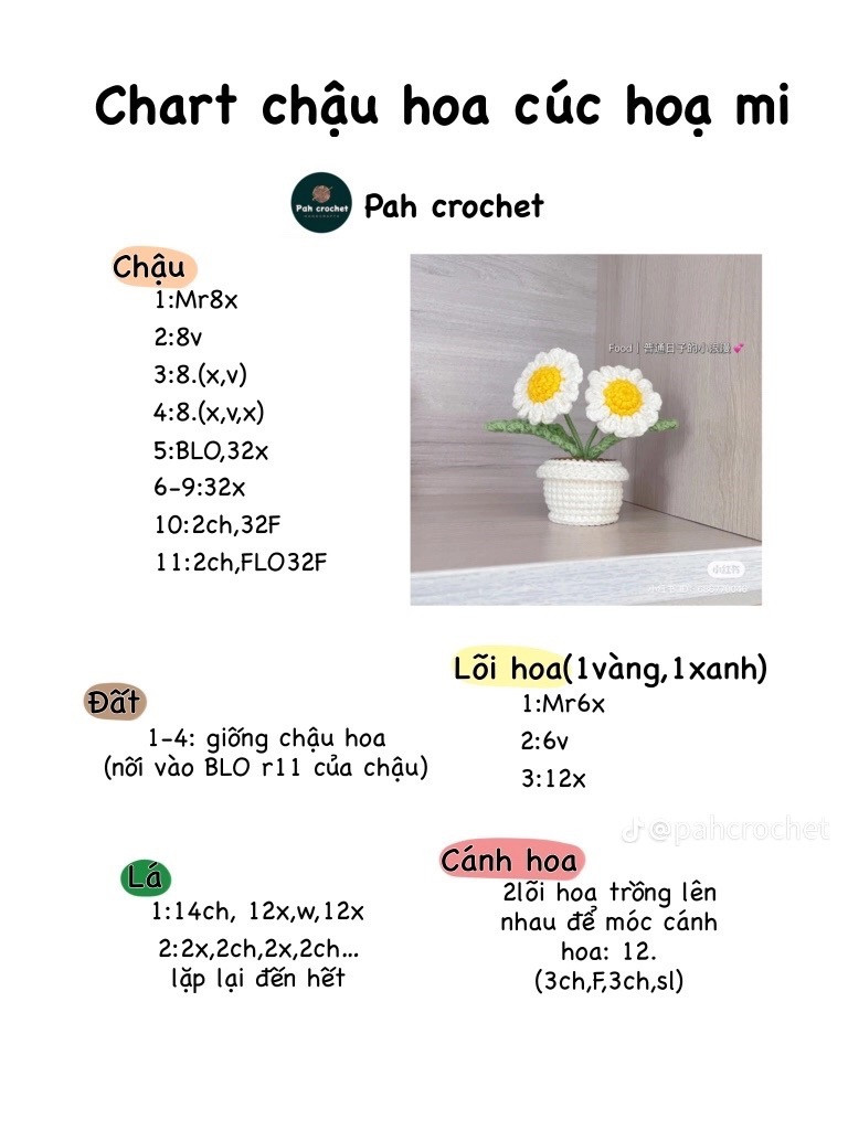 Tổng hợp 4 chart móc hoa đơn giản cho người mới, Chart Hướng Dương, chậu hoa chuông, chart chậu hoa cúc họa mi, chart chậu hoa tulip.