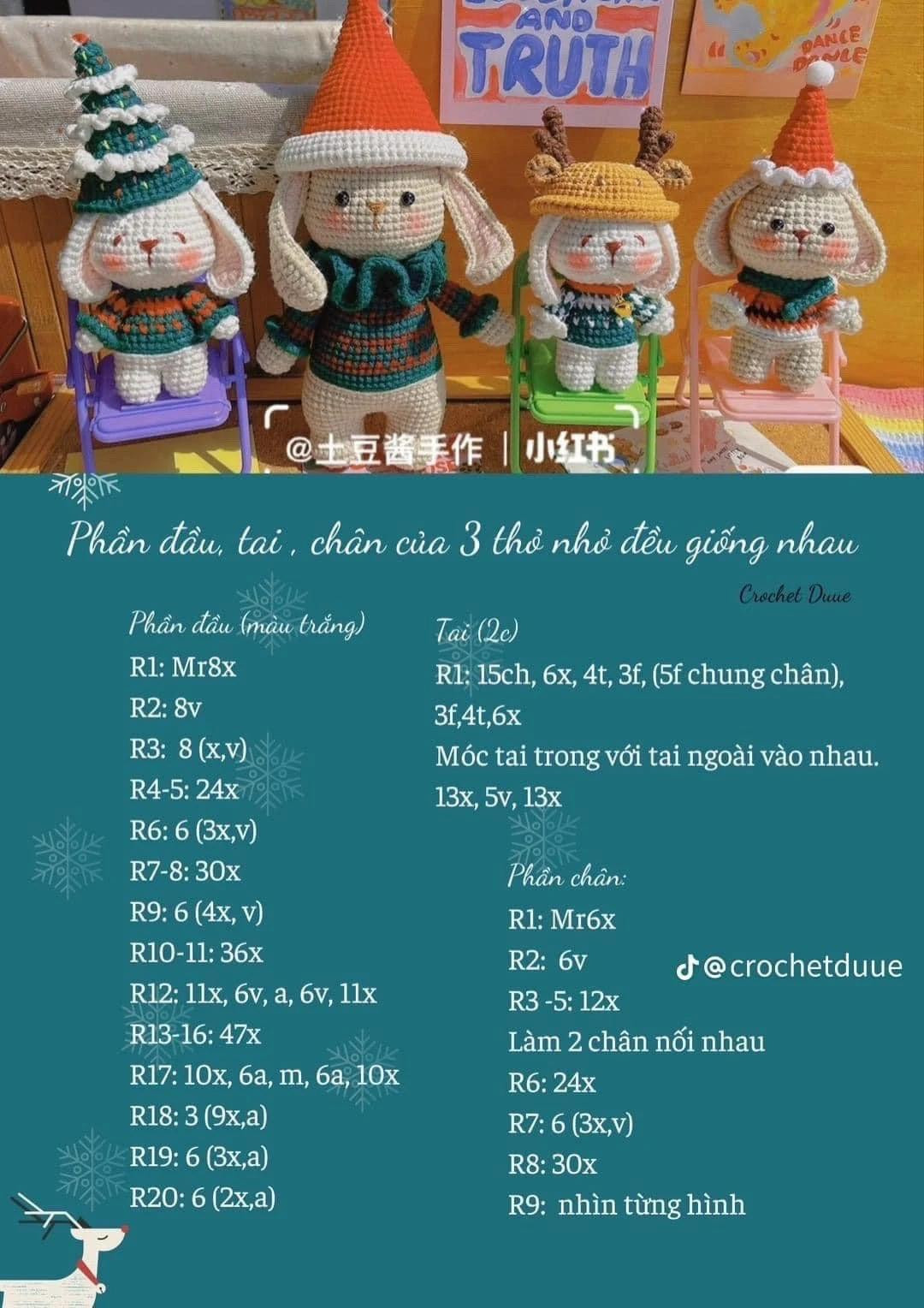 Tổng hợp 5 chart thỏ noel, Thỏ đội mũ cây thông, thỏ đội mũ noel đỏ, thỏ đội mũ gạc hươu, bộ bốn bánh kem gián sinh,