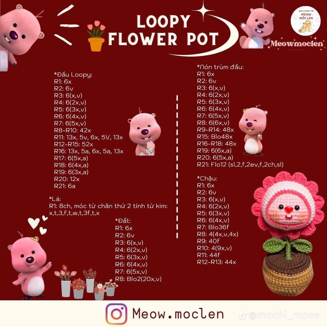 Bánh mì voi nướng, stitch đội mũ, chart loopy cosplay, búp bê chuột, chú chó ngố, vịt ngồi xích đu, loopy flower pot, lót lý bông hoa.