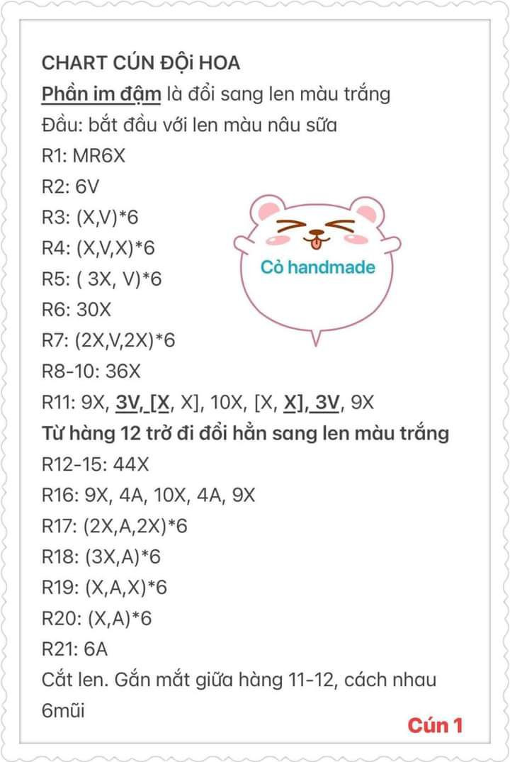 chart hướng dẫn móc cún đội hoa