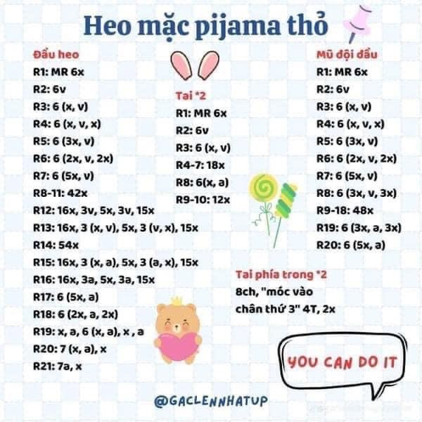 chart Hướng dẫn móc heo mặc pijama thỏ