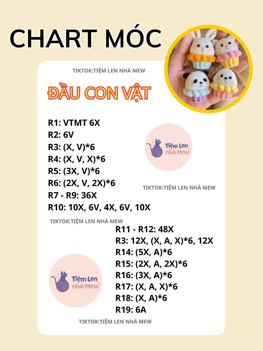 chart móc cupcake thỏ, mèo, gấu, chó pochacco