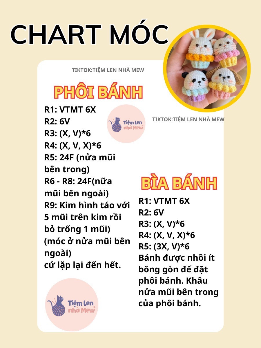 chart móc cupcake thỏ, mèo, gấu, chó pochacco