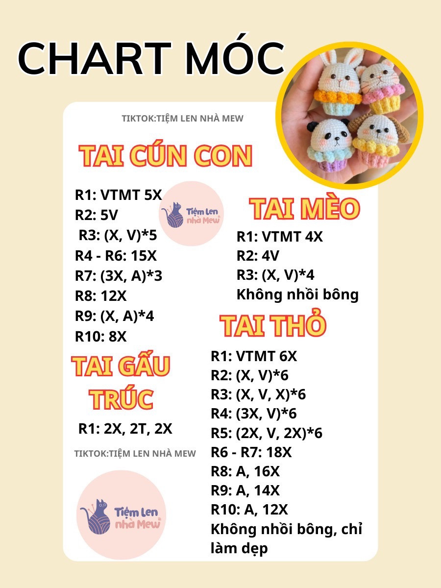 chart móc cupcake thỏ, mèo, gấu, chó pochacco