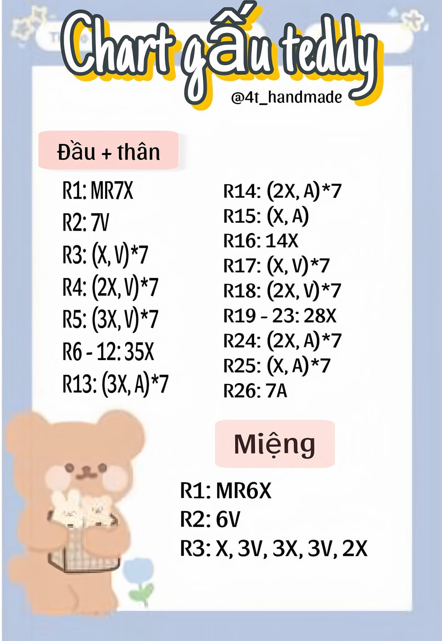 chart móc len gấu teddy mõm trắng