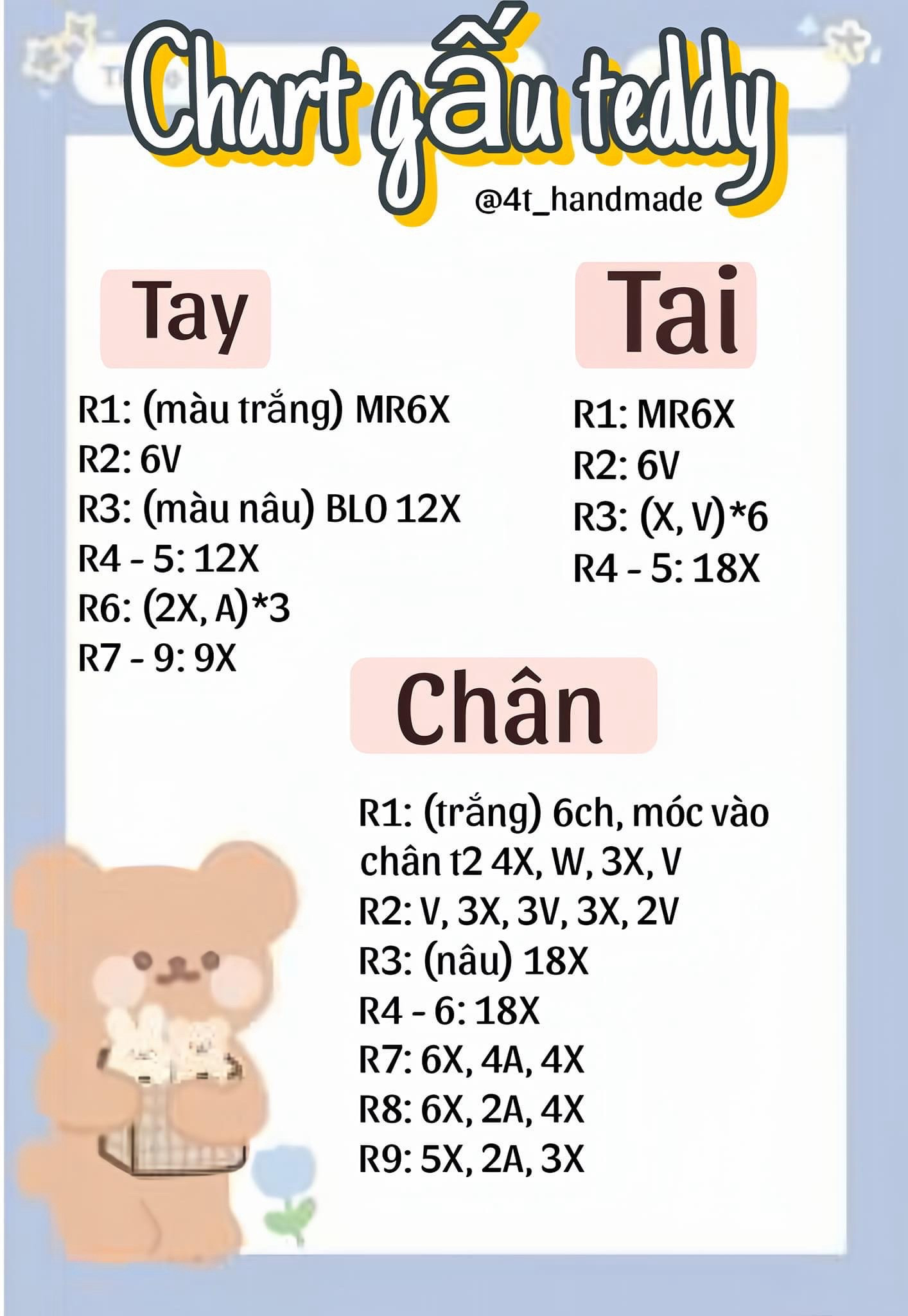 chart móc len gấu teddy mõm trắng