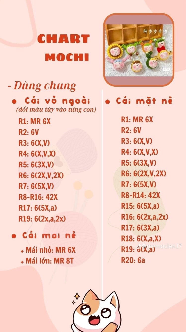 Chart mochi hoa quả, bé ong, bé tóc xoăn, bé cà rốt, bé ếch, bé xương rồng, em bé vải, bé chanh