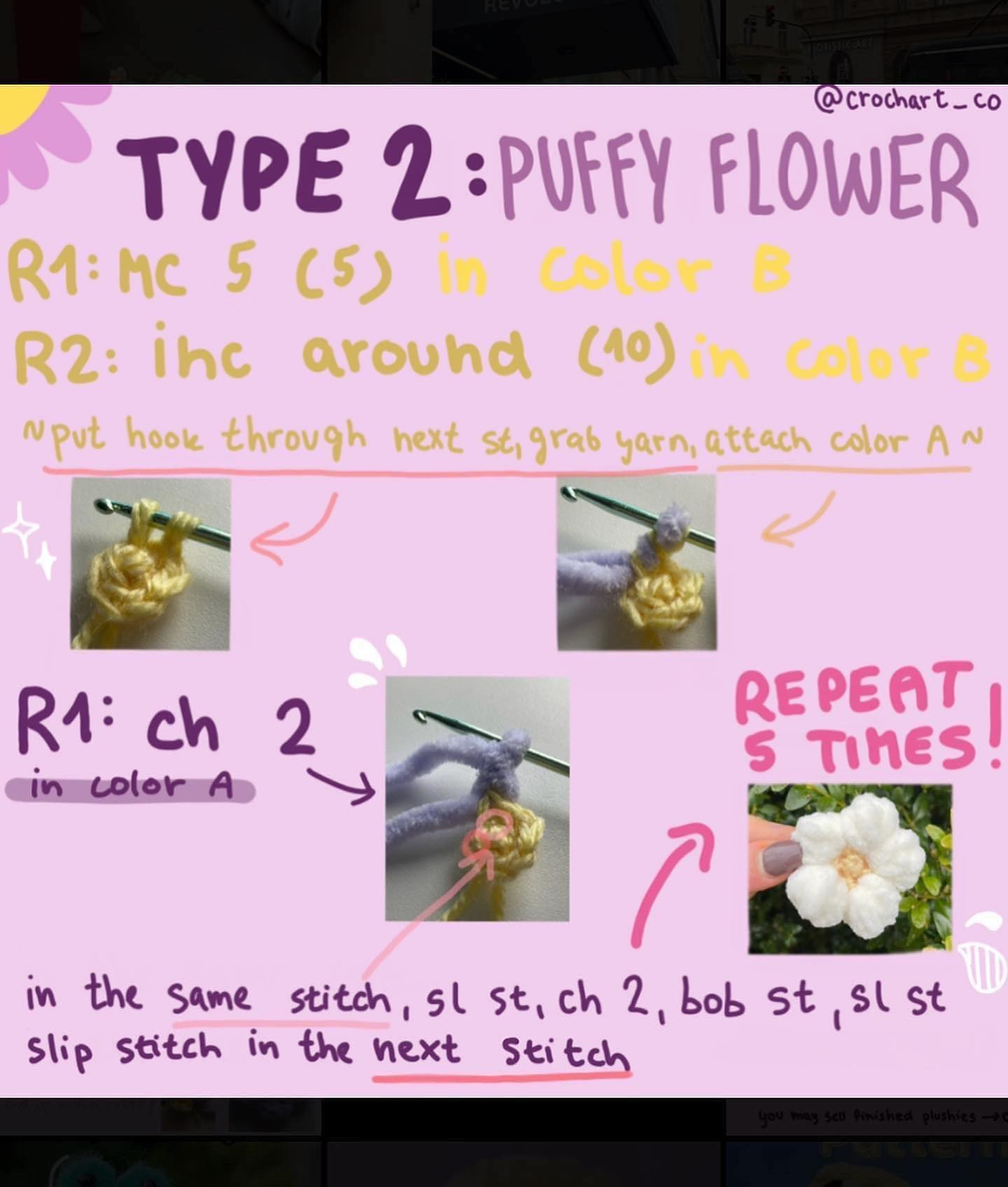 free pattern 2 types flat flower puffy flower