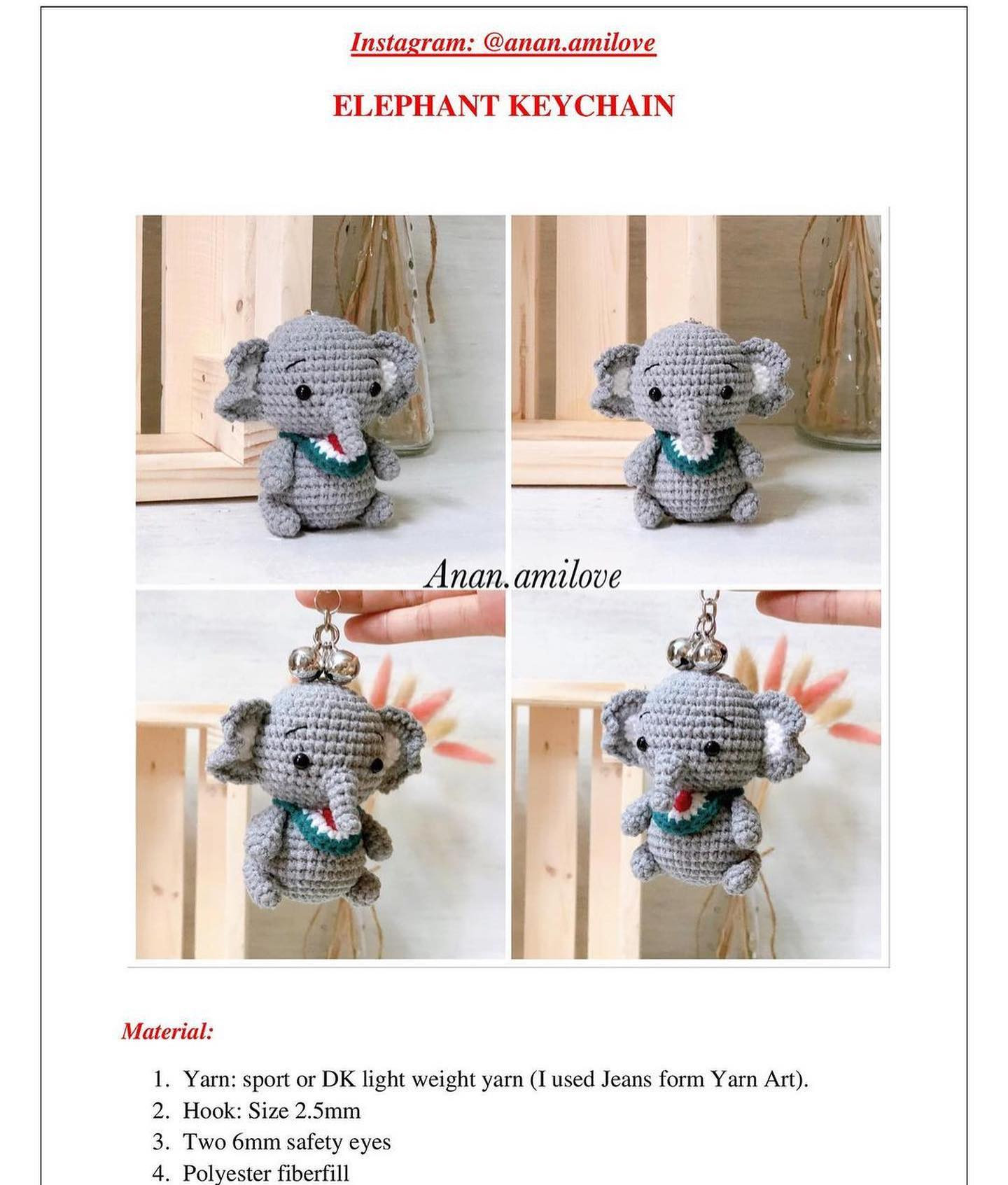 gray elephant keychain crochet pattern