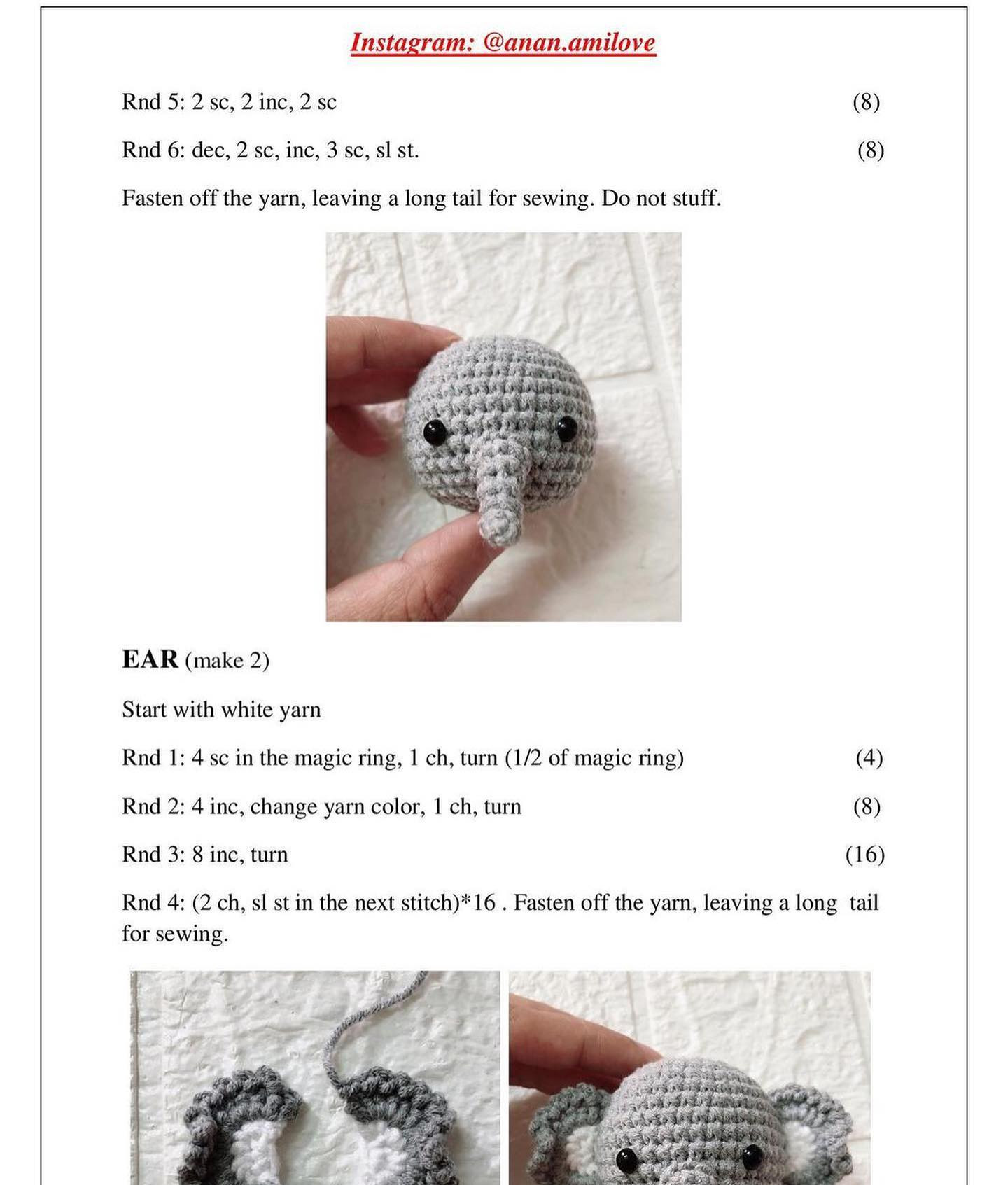 gray elephant keychain crochet pattern