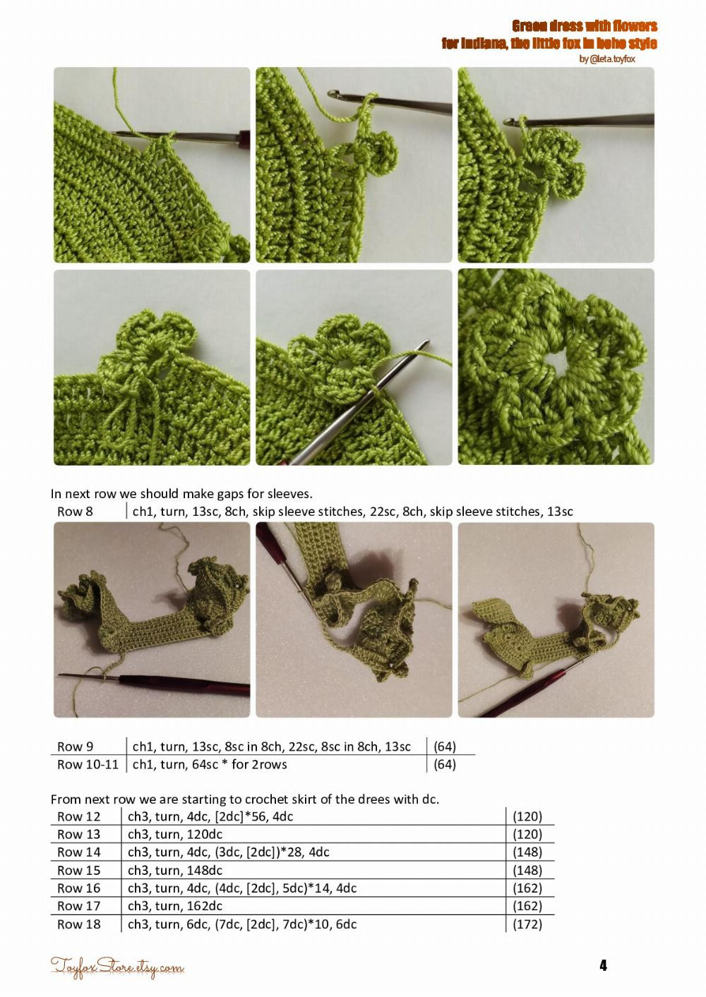 Green dress with flowers for Indiana, the little amigurumi fox FREE crochet pattern