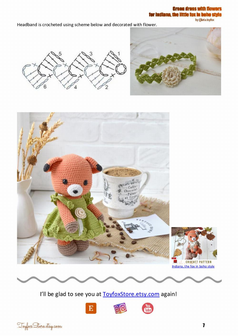 Green dress with flowers for Indiana, the little amigurumi fox FREE crochet pattern