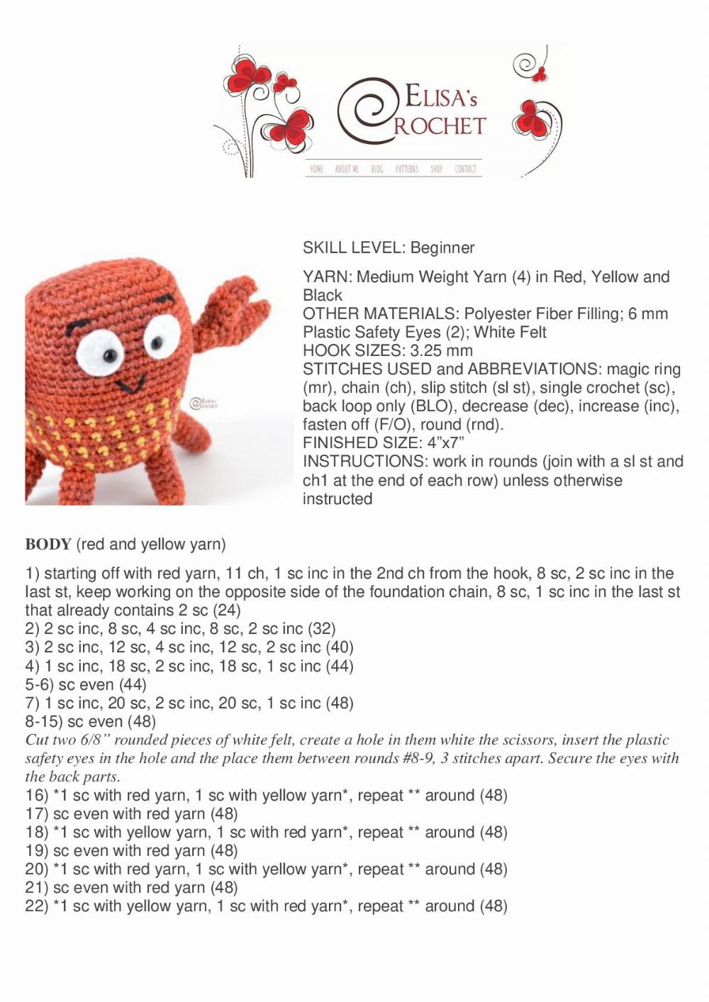 gregory the crab free crochet pattern