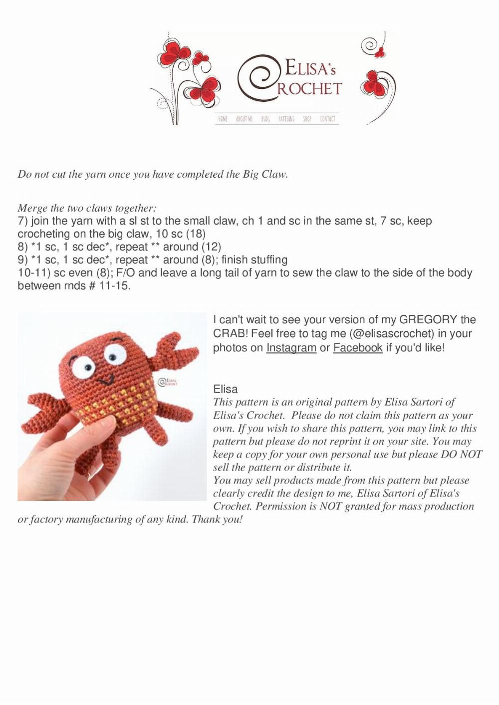 gregory the crab free crochet pattern