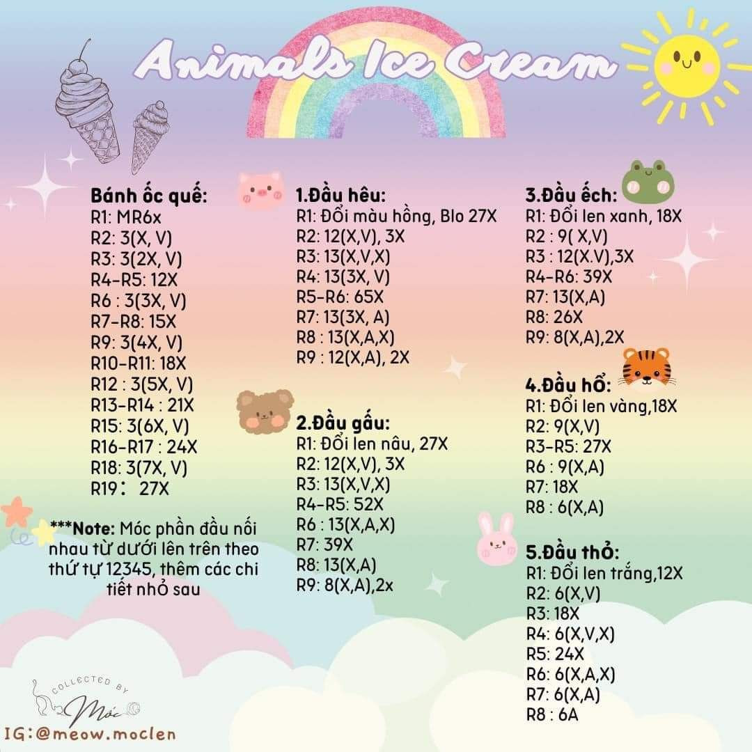 Hướng dẫn móc animals ice cream (kem đầu thú thỏ, hổ, ếch, gấu, heo)