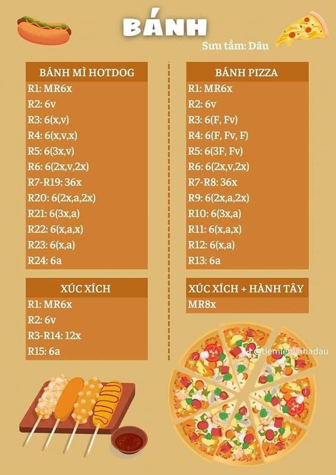 Hướng dẫn móc bánh: bánh mì hotdog bánh pizza, xúc xích, xúc xích + hành tây.