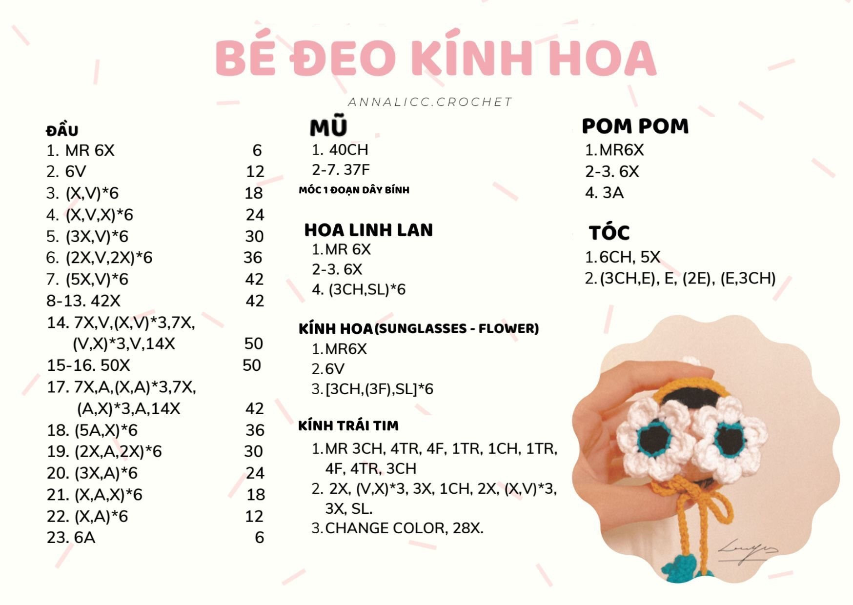 Hướng dẫn móc bé đeo kính hoa