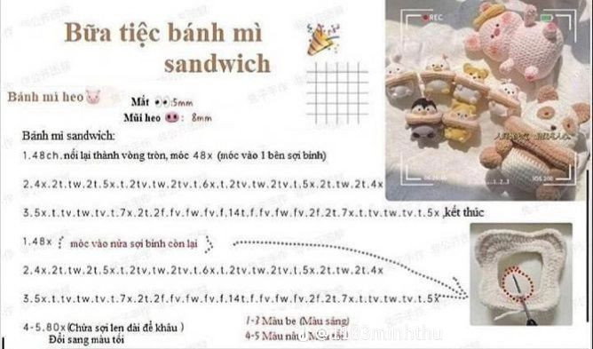 Hướng dẫn móc bữa tiệc bánh sandwich (heo hồng)