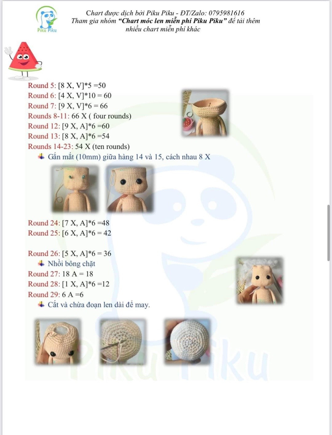 Hướng dẫn móc búp bê water melon doll girl pattern