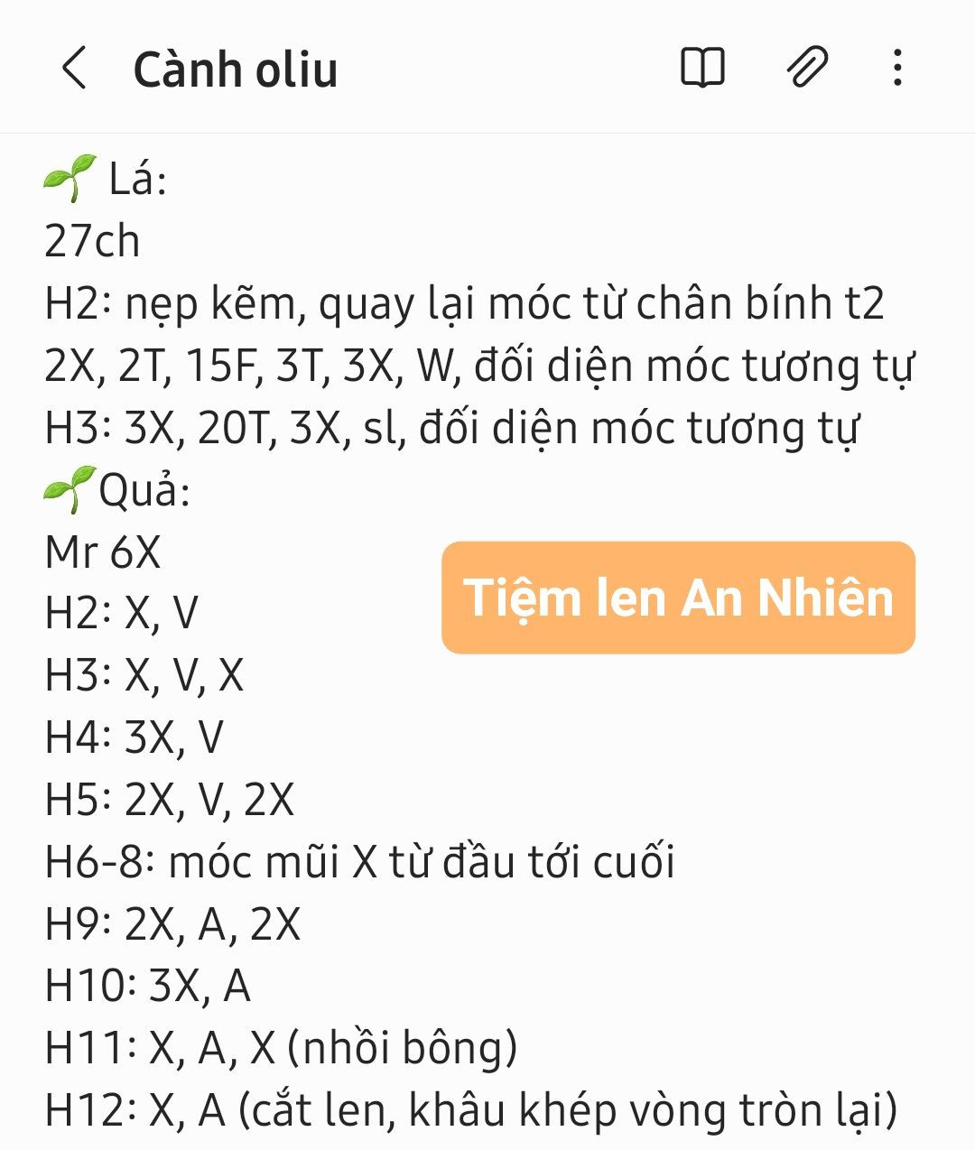 Hướng dẫn móc cành oliu cành, lá, quả.