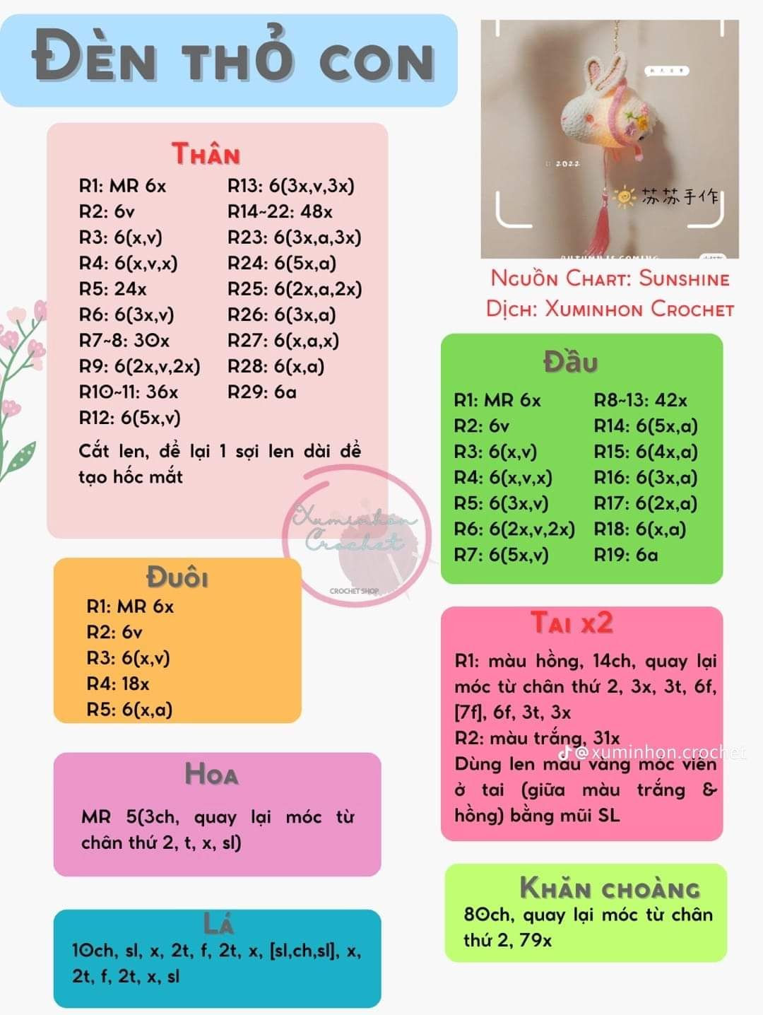 Hướng dẫn móc đèn thỏ con, thỏ ngọc, chart bánh trung thu tai thỏ, lồng đèn thỏ,