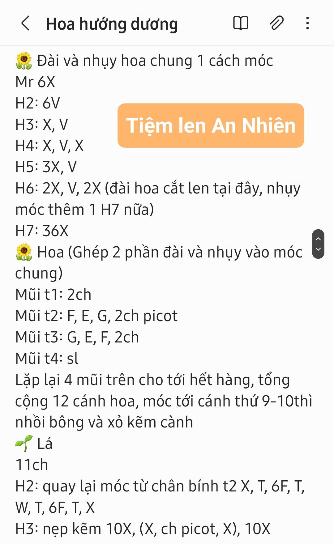 Hướng dẫn móc hoa hướng dương bao gồm nhụy hoa, lá, cánh hoa.